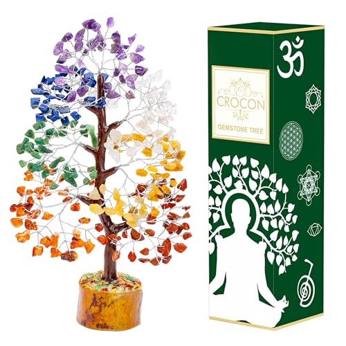 Crocon Seven Chakra Gemstone Tree Figurine Money Bonsai Good Luck Reiki Healing Crystals Showpiece Decoration Wealth Prosperity Table Room Decor Gift Size 10-12" - Image 1