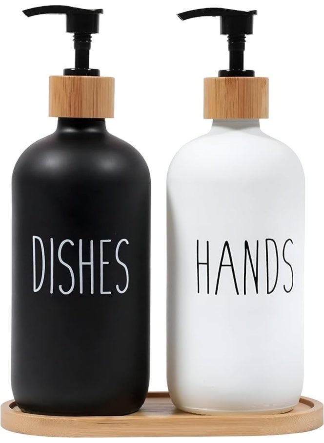 2-Piece Soap Dispenser Set with Bamboo Tray - Matte White & Black Glass Bottles for Hand & Dish Soap - Refillable Modern Kitchen & Bathroom Accessory - Image 1