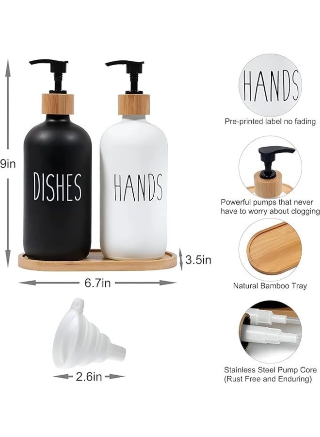 2-Piece Soap Dispenser Set with Bamboo Tray - Matte White & Black Glass Bottles for Hand & Dish Soap - Refillable Modern Kitchen & Bathroom Accessory - Image 2