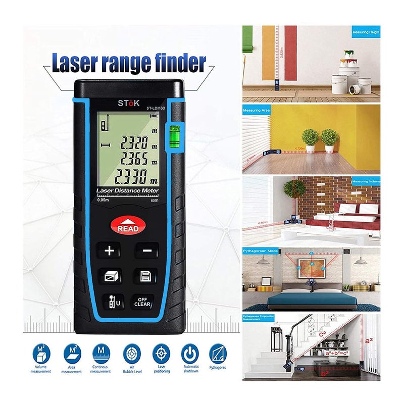 SToK (ST-LDM60) جهاز قياس المسافات بالليزر/ شريط قياس المسافات مع مستوى مدمج لقياس المسافات حتى 196 قدم/60 متر بدقة! (ضمان خارجي لمدة سنة) - Image 3