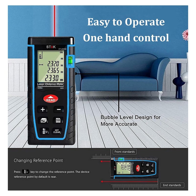 SToK (ST-LDM60) جهاز قياس المسافات بالليزر/ شريط قياس المسافات مع مستوى مدمج لقياس المسافات حتى 196 قدم/60 متر بدقة! (ضمان خارجي لمدة سنة) - Image 4
