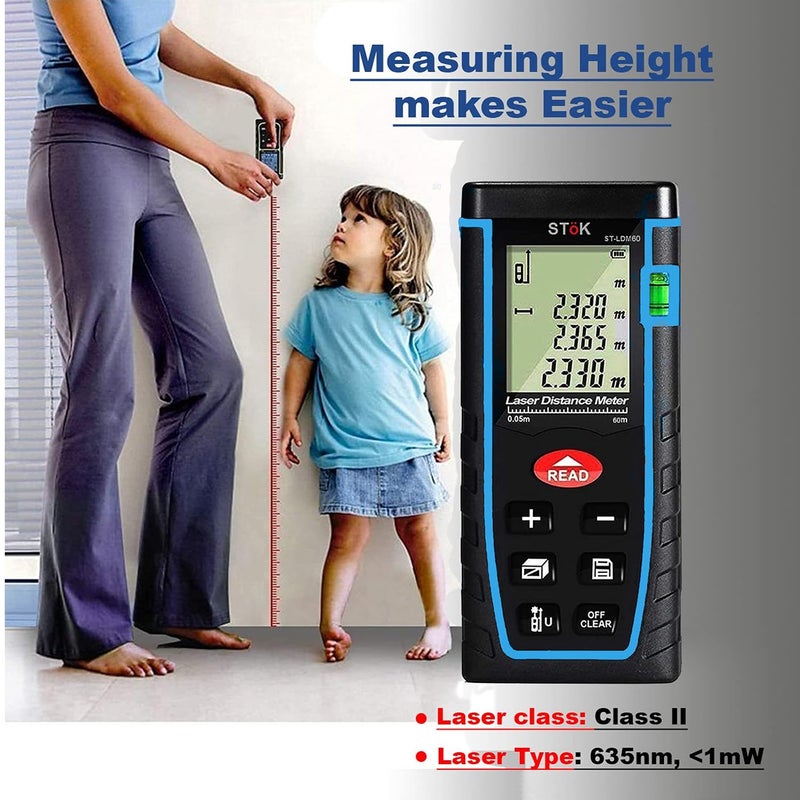 SToK (ST-LDM60) جهاز قياس المسافات بالليزر/ شريط قياس المسافات مع مستوى مدمج لقياس المسافات حتى 196 قدم/60 متر بدقة! (ضمان خارجي لمدة سنة) - Image 5