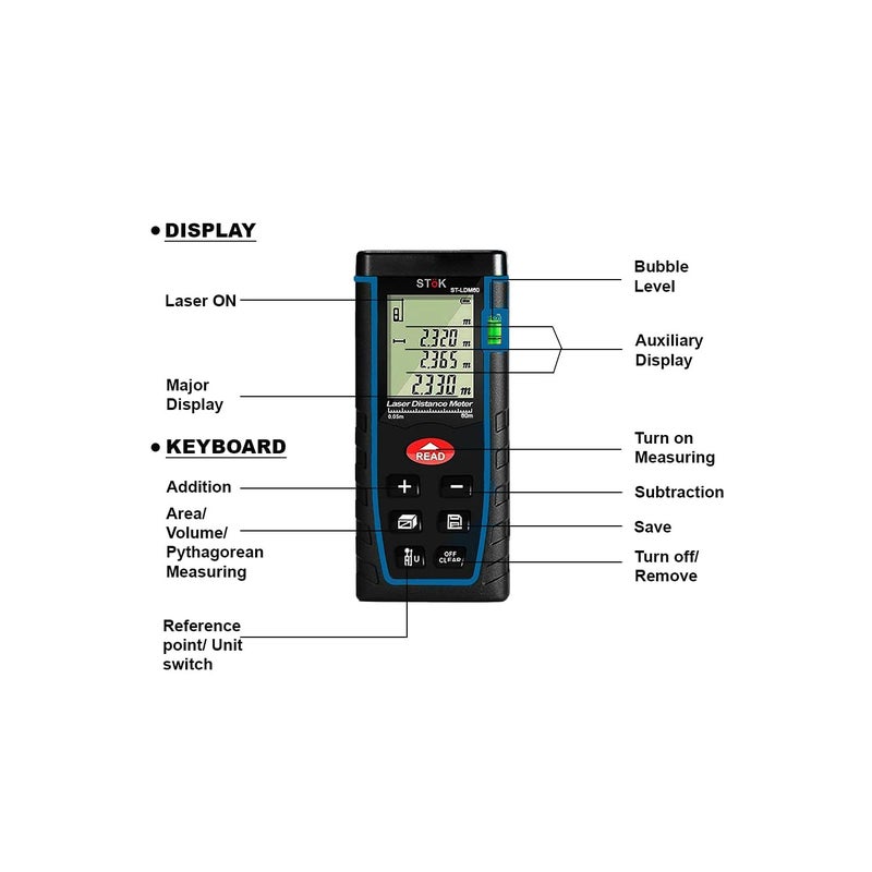SToK (ST-LDM60) جهاز قياس المسافات بالليزر/ شريط قياس المسافات مع مستوى مدمج لقياس المسافات حتى 196 قدم/60 متر بدقة! (ضمان خارجي لمدة سنة) - Image 2