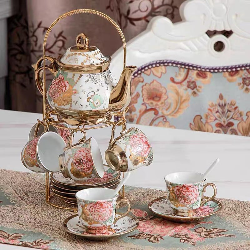 CHANJOON Gold Plated Red Rose Ceramic Tea Set, Vintage Teapot, Beautiful Tea Set Coffee Serving 6 People (Golden, large) - Image 3