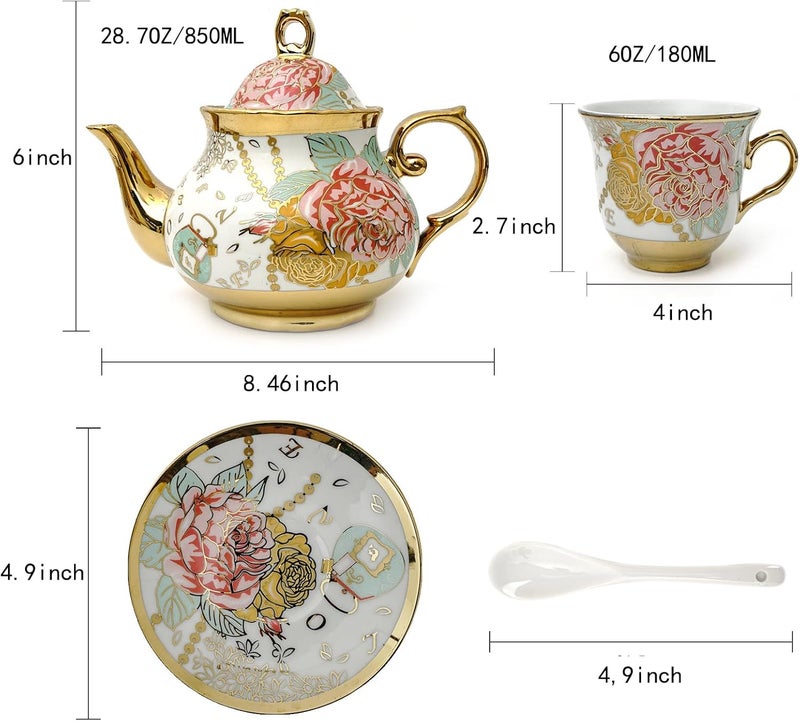 CHANJOON Gold Plated Red Rose Ceramic Tea Set, Vintage Teapot, Beautiful Tea Set Coffee Serving 6 People (Golden, large) - Image 2