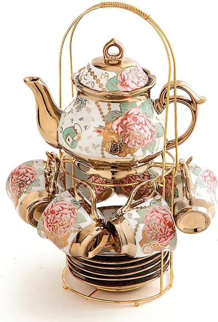 CHANJOON Gold Plated Red Rose Ceramic Tea Set, Vintage Teapot, Beautiful Tea Set Coffee Serving 6 People (Golden, large) - Image 1