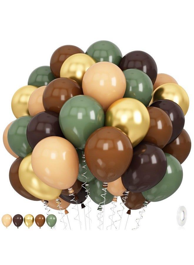Teslite 60 PCS Sage Green Brown Balloons Woodland Camo Army Balloon Olive Green Dark Brown Coffee Nude Gold Latex Balloons for Jungle Safari Wild One Hunting Dinosaur Birthday Baby Shower Party Decorations - Image 1