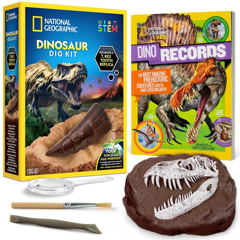 Blue Marble NATIONAL GEOGRAPHIC Dino Fossil Dig Kit & Dinosaur Book for Kids- Excavate a Replica Dinosaur Tooth Fossil and Study Paleontology with a Full-Color Dinosaur Activity Book for Kids (Amazon Exclusive) - Image 1