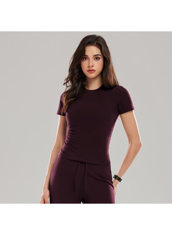 Peruvian Cotton Slim-fit Short-sleeve T-shirt For A Flattering Look, Summer Round-neck High-elasticity High-waisted Base Shirt
