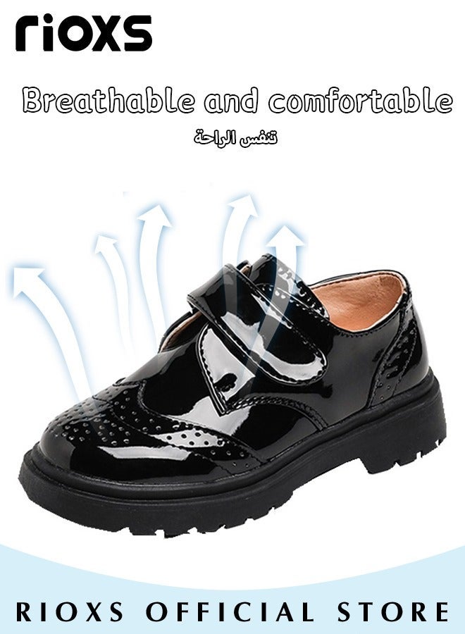 RIOXS Kids Formal Shoes, Fashion Boys' Oxford Shoes, School Uniform Shoes for Boys, Dress Shoes for Formal/ Casual Wear, Classic Round-toed Shoes with with Hook-and-loop Closure, Comfy Party Leather Shoes, Wedding Shoes for Toddler Little Big Kid, Black Performance Shoes Kids Footwear - Image 5