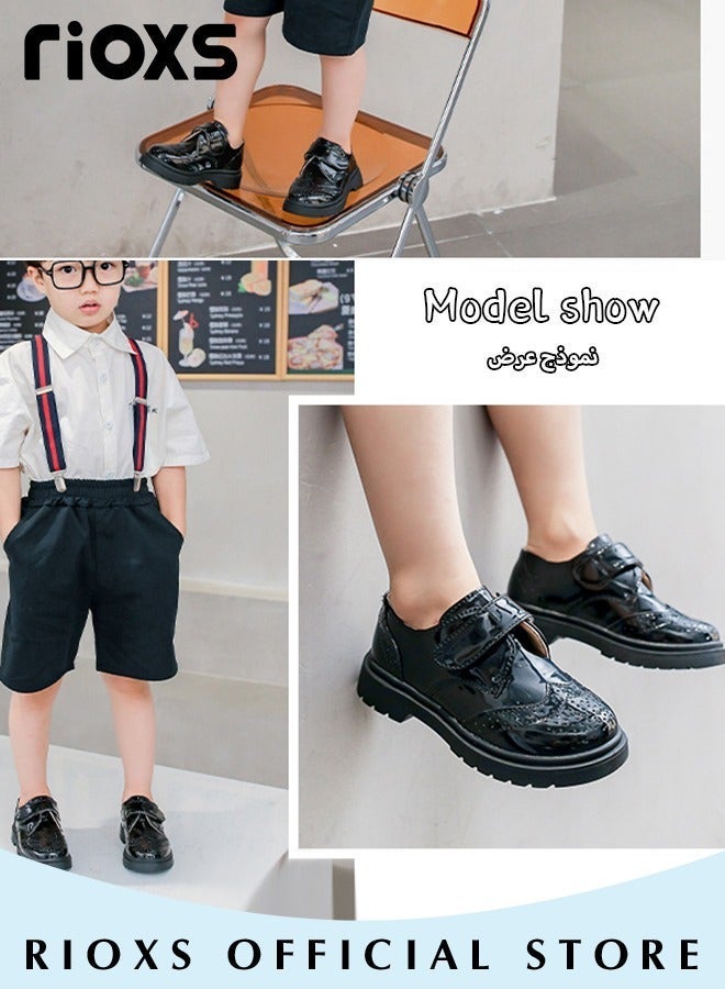 RIOXS Kids Formal Shoes, Fashion Boys' Oxford Shoes, School Uniform Shoes for Boys, Dress Shoes for Formal/ Casual Wear, Classic Round-toed Shoes with with Hook-and-loop Closure, Comfy Party Leather Shoes, Wedding Shoes for Toddler Little Big Kid, Black Performance Shoes Kids Footwear - Image 2