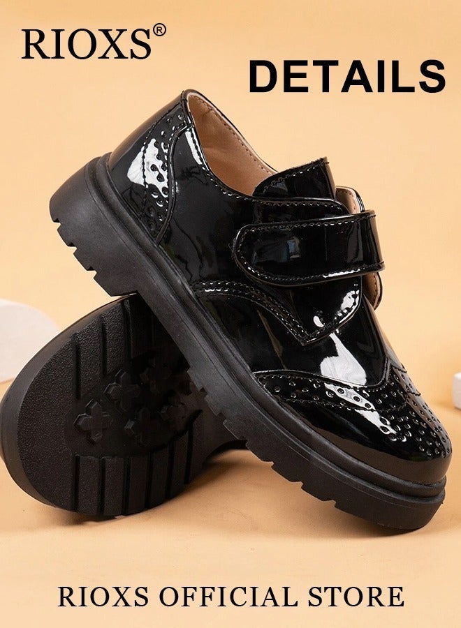 RIOXS Kids Formal Shoes, Fashion Boys' Oxford Shoes, School Uniform Shoes for Boys, Dress Shoes for Formal/ Casual Wear, Classic Round-toed Shoes with with Hook-and-loop Closure, Comfy Party Leather Shoes, Wedding Shoes for Toddler Little Big Kid, Black Performance Shoes Kids Footwear - Image 4