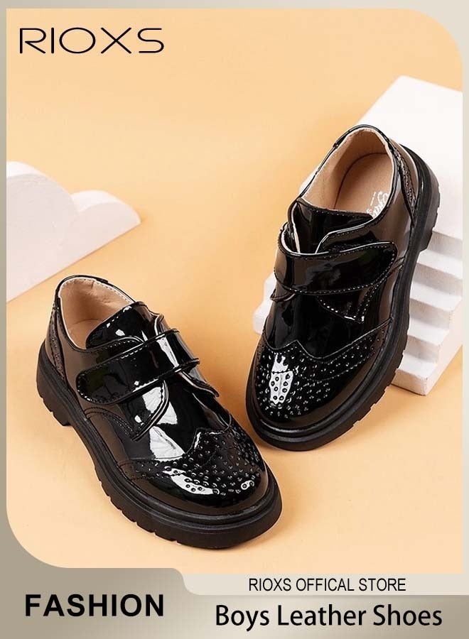 RIOXS Kids Formal Shoes, Fashion Boys' Oxford Shoes, School Uniform Shoes for Boys, Dress Shoes for Formal/ Casual Wear, Classic Round-toed Shoes with with Hook-and-loop Closure, Comfy Party Leather Shoes, Wedding Shoes for Toddler Little Big Kid, Black Performance Shoes Kids Footwear - Image 3
