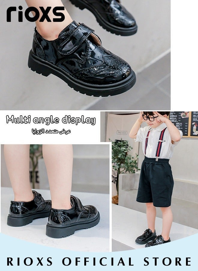 RIOXS Kids Formal Shoes, Fashion Boys' Oxford Shoes, School Uniform Shoes for Boys, Dress Shoes for Formal/ Casual Wear, Classic Round-toed Shoes with with Hook-and-loop Closure, Comfy Party Leather Shoes, Wedding Shoes for Toddler Little Big Kid, Black Performance Shoes Kids Footwear - Image 1