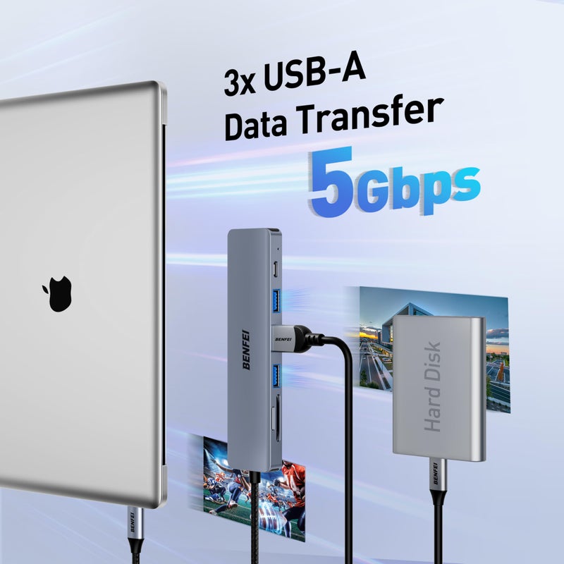 BENFEI USB C HUB 7-in-1 with HDMI(4K@60Hz,Certified), 100W Power Delivery, 3*USB 3.0, SD/TF Card Reader(160MB/s) Compatible with iPhone 15 Pro/Max, MacBook, iPad Pro, iMac, S23, XPS17 - Image 4