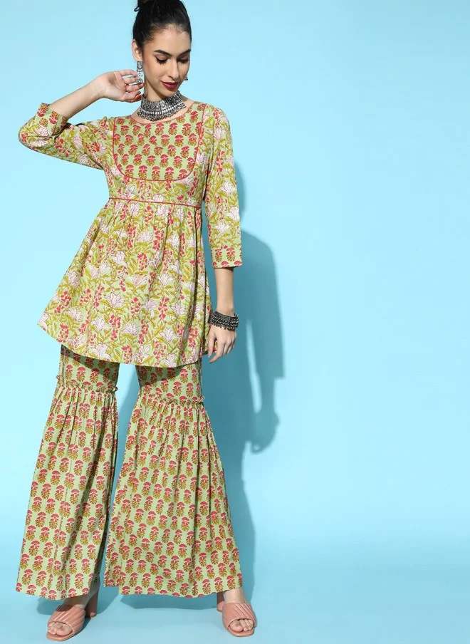 اندو ستريت Floral Printed Pure Cotton Kurti with Sharara for Women