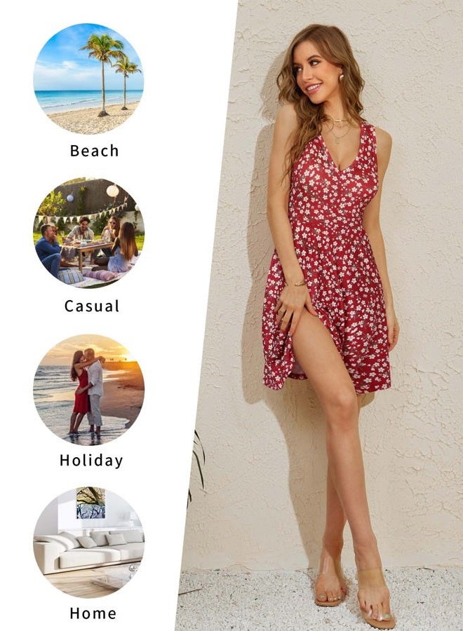 HUHOT Womens Sleeveless V Neck Dress with Pocket Summer Beach Midi Flared Tank Dress, Blue Floral-1, Small - Image 5