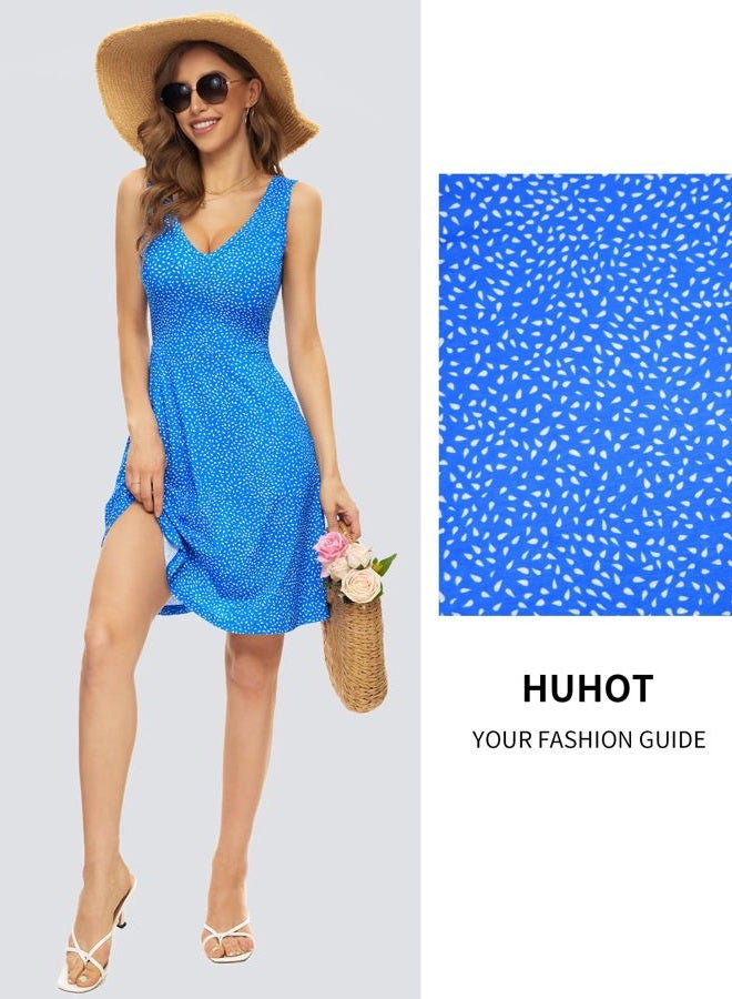 HUHOT Womens Sleeveless V Neck Dress with Pocket Summer Beach Midi Flared Tank Dress, Blue Floral-1, Small - Image 3
