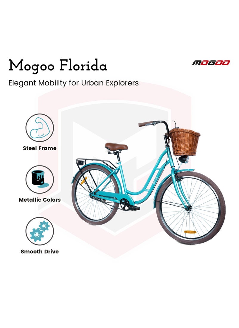 MOGOO - Mogoo Florida Single Speed Cruiser Bike 24 Inch - Classic City Bike - Steel Frame Fixed-Gear Road-Bike - Comfort Cycle For Women - Bicycle Adult - Wicker Basket - Rear Carrier - Dynamo-Light - Green - Image 1