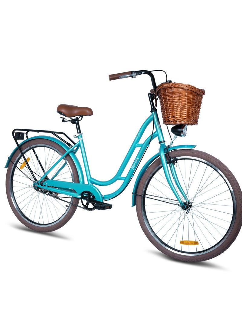 MOGOO - Mogoo Florida Single Speed Cruiser Bike 24 Inch - Classic City Bike - Steel Frame Fixed-Gear Road-Bike - Comfort Cycle For Women - Bicycle Adult - Wicker Basket - Rear Carrier - Dynamo-Light - Green - Image 1