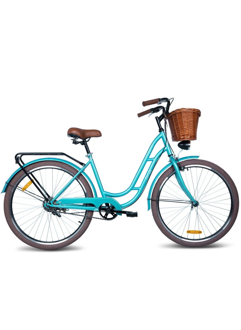 MOGOO - Mogoo Florida Single Speed Cruiser Bike 24 Inch - Classic City Bike - Steel Frame Fixed-Gear Road-Bike - Comfort Cycle For Women - Bicycle Adult - Wicker Basket - Rear Carrier - Dynamo-Light - Green - Image 1