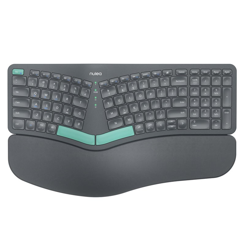 Nulea Wireless Ergonomic Keyboard, Split Keyboard with Cushioned Wrist Rest, USB and Bluetooth Connectivity, USB-C Rechargeable, Compatible with Windows Mac - Image 1