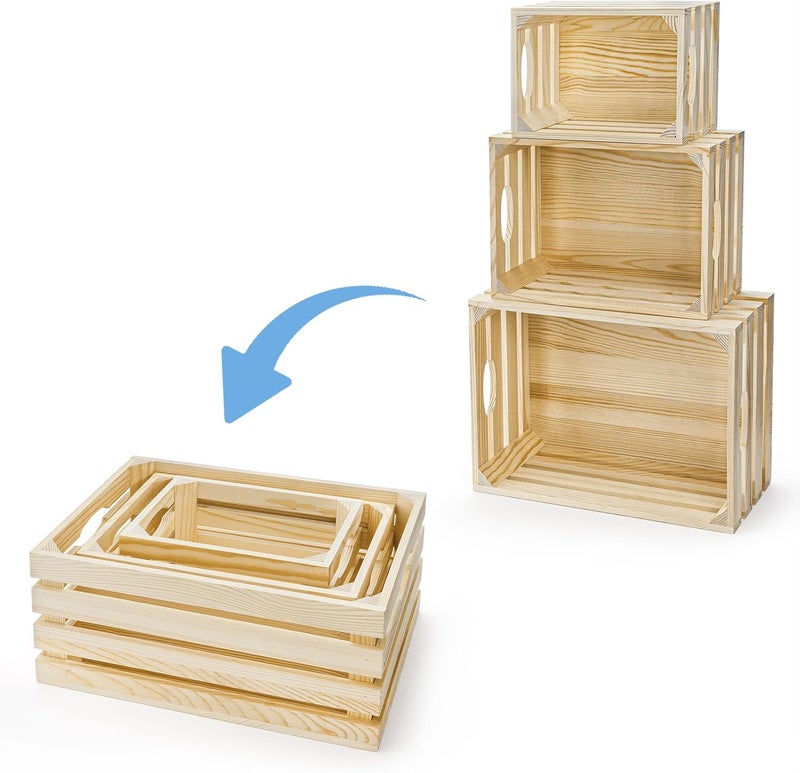 ZENFUN 3 Pack Wooden Nesting Crates with Handles, Decorative Hand Crafted Wood Box Nesting Crate Farmhouse Storage Basket Container for Display and Organization, Home Centerpieces - Image 4