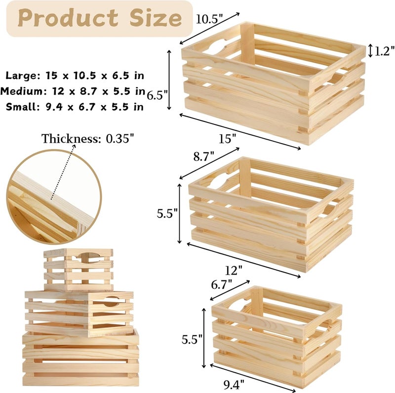 ZENFUN 3 Pack Wooden Nesting Crates with Handles, Decorative Hand Crafted Wood Box Nesting Crate Farmhouse Storage Basket Container for Display and Organization, Home Centerpieces - Image 2