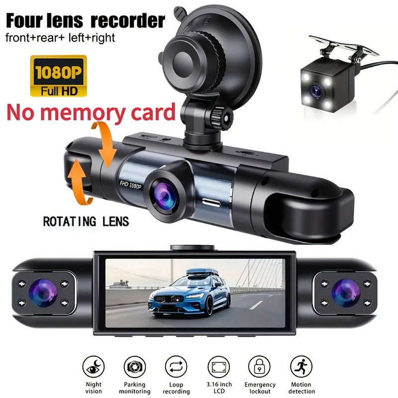 كاميرات أربع: أمامية وخلفية ويسرى ويمنى (بدون بطاقة ذاكرة) تسجيل بجودة 1080P FHD للأمام و720P للخلف/اليسار/اليمين، تسجيل بزاوية عريضة 360 درجة شاملة الاتجاهات، استبدال تلقائي، 8 مصابيح تحت الحمراء. - Image 1