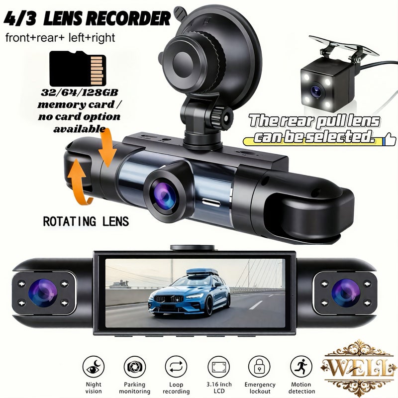 كاميرات أربع: أمامية وخلفية ويسرى ويمنى (بدون بطاقة ذاكرة) تسجيل بجودة 1080P FHD للأمام و720P للخلف/اليسار/اليمين، تسجيل بزاوية عريضة 360 درجة شاملة الاتجاهات، استبدال تلقائي، 8 مصابيح تحت الحمراء. - Image 5
