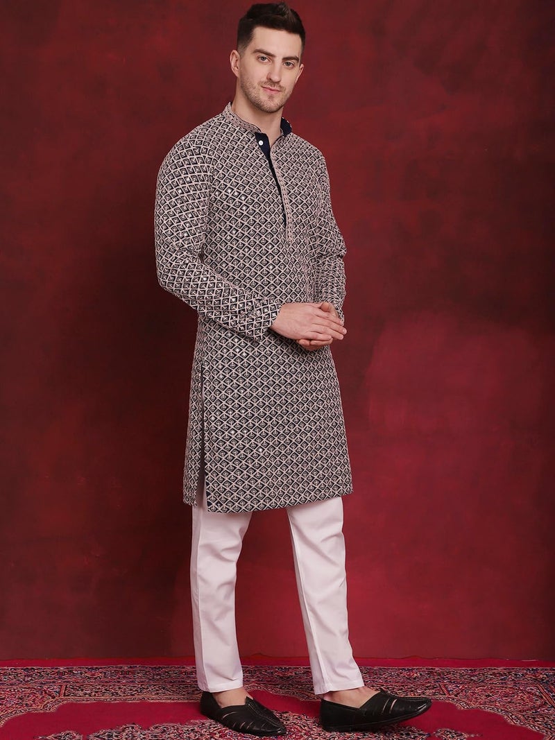 Jompers Men's Navy Sequin Embroidered Pure Cotton Kurtas (Navy, L) - Image 3