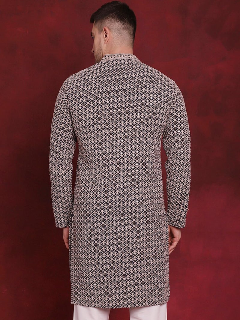 Jompers Men's Navy Sequin Embroidered Pure Cotton Kurtas (Navy, L) - Image 2