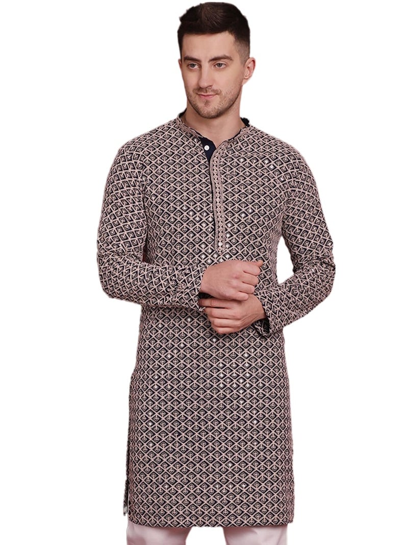 Jompers Men's Navy Sequin Embroidered Pure Cotton Kurtas (Navy, L) - Image 1
