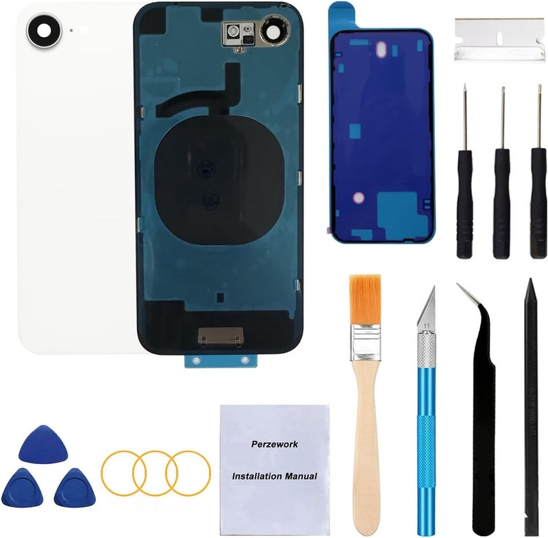 Perzework Rear Back Glass Replacement for iPhone 16e 6.1-inches + Pre-Installed Plate and Camera Frame and Lens + Reparing Tool Kit (White) - Image 1