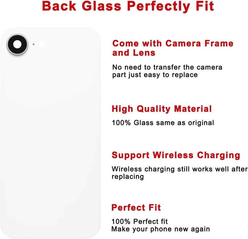 Perzework Rear Back Glass Replacement for iPhone 16e 6.1-inches + Pre-Installed Plate and Camera Frame and Lens + Reparing Tool Kit (White) - Image 3