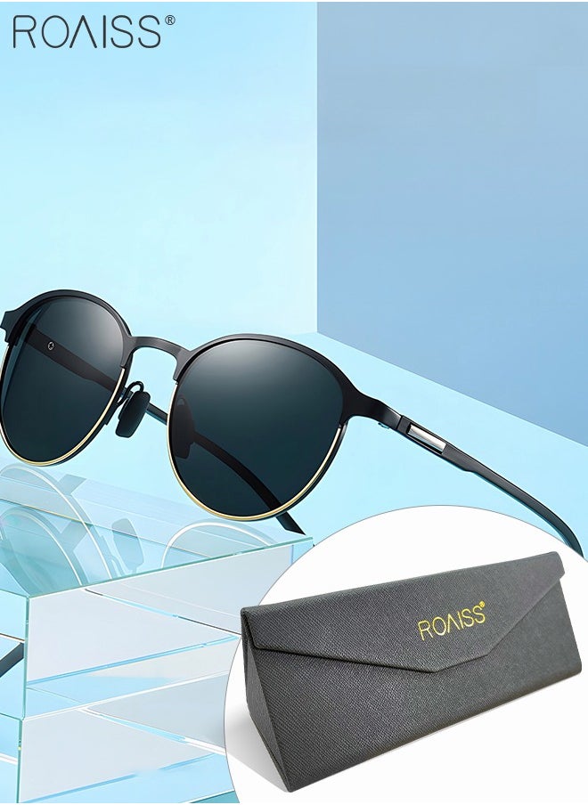 roaiss - Men's Polarized Round Sunglasses UV400 Protection Sun Glasses with Metal Half Frame Fashion Anti-Glare Sun Shades for Men Driving Fishing Traveling Black - Image 1