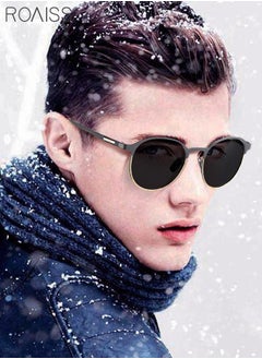 Men's Polarized Round Sunglasses UV400 Protection Sun Glasses with Metal Half Frame Fashion Anti-Glare Sun Shades for Men Driving Fishing Traveling Black
