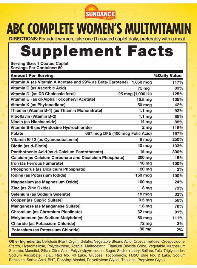Sundance Women's ABC Complete Multivitamin | 60 Caplets | with Mineral Formula | Non-GMO and Gluten Free Supplement - Image 2