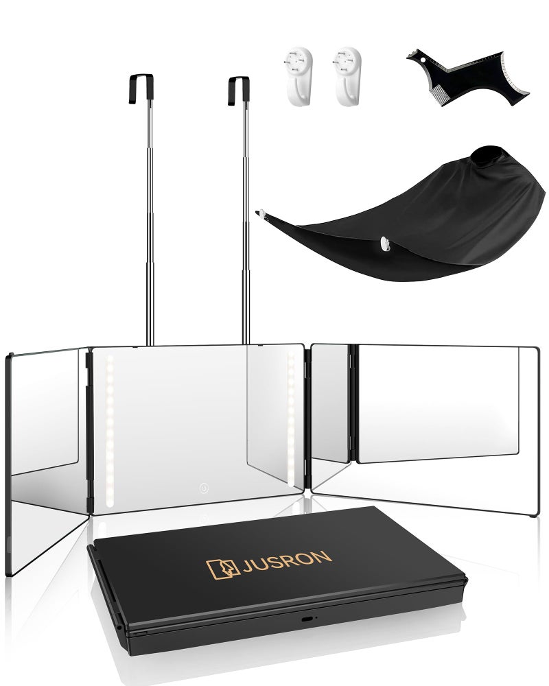 JUSRON مرآة قص الشعر الذاتية بزاوية رؤية 360 درجة من جسرون، زجاج HD مضاد للضباب باللون الأسود مع إضاءة LED وإكسسوارات
