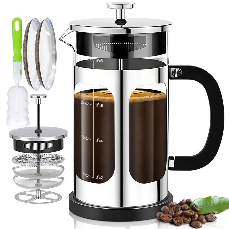 YMMIND French Press Coffee Maker 34oz 1Quart 56Cup Coffee Press with 4 Filters System Heat Resistant Thickness Borosilicate Glass Cold Brew Coffee Tea Pot Gifts Silvery