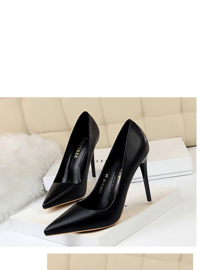 BIGTREE 10.5CM Fashion Simple Slim Heels With Bright Surface Patent Leather Shallow Mouth Pointed Head Slim Women's Heels Black  - Image 1