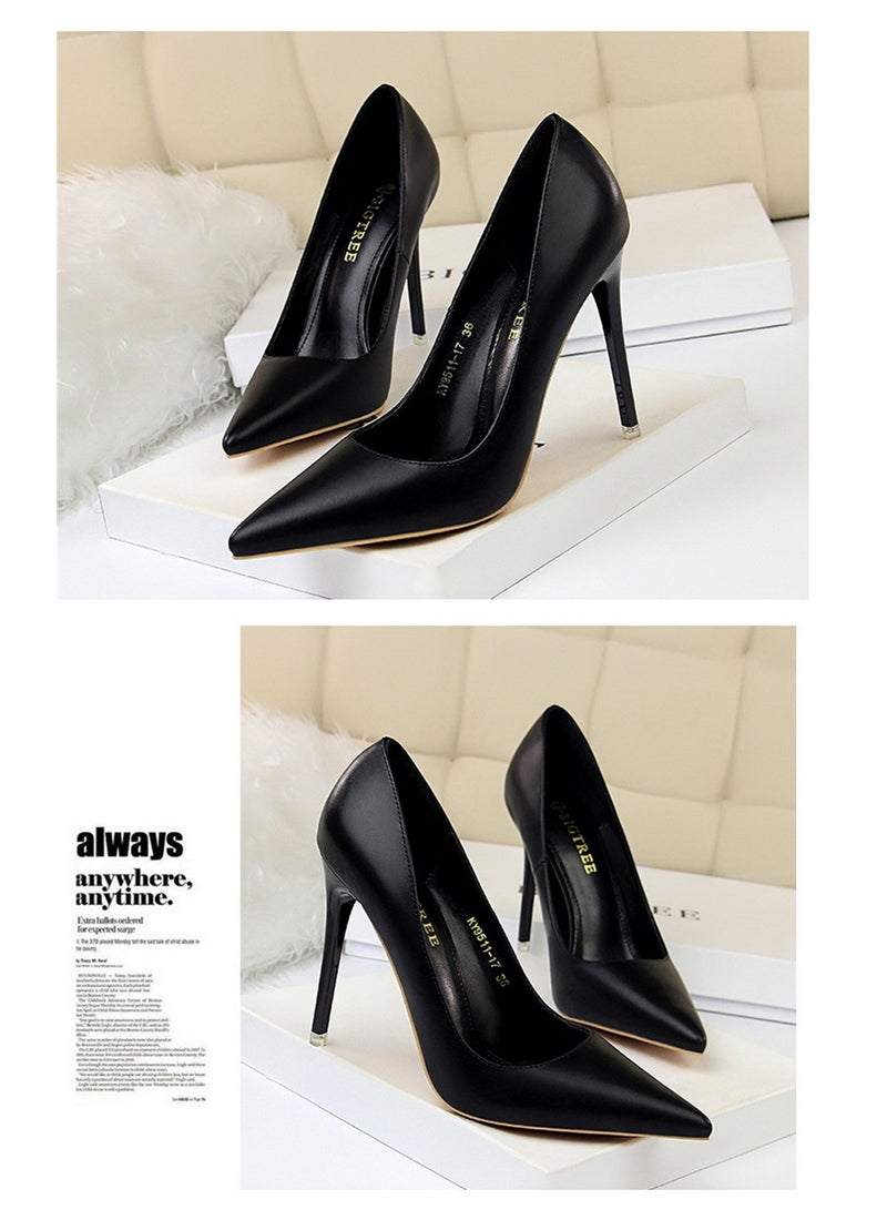 BIGTREE 10.5CM Fashion Simple Slim Heels With Bright Surface Patent Leather Shallow Mouth Pointed Head Slim Women's Heels Black  - Image 2