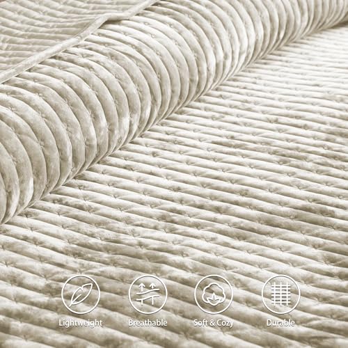 LEAONME Velvet Quilt King Size 98''x106'', Lightweight Beige Velvet Comforter Set with 2 Matching Shams, Soft Cross Stitch Bedspread Coverlet Bedding Set for All Season - Image 5