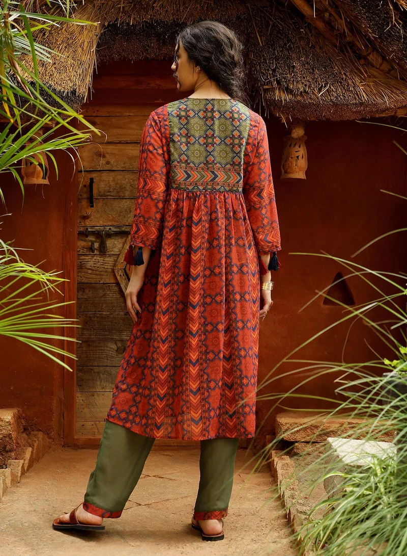 Qissa  Qissa Women's Terracotta Orange Geometric Block Kurta With Trousers For Casual Wear | Round Neck | Quarter Sleeves | 2 Piece Kurta Set Designed With Comfort Fit For Everyday Ethnic Wear for Women | Best Price UAE