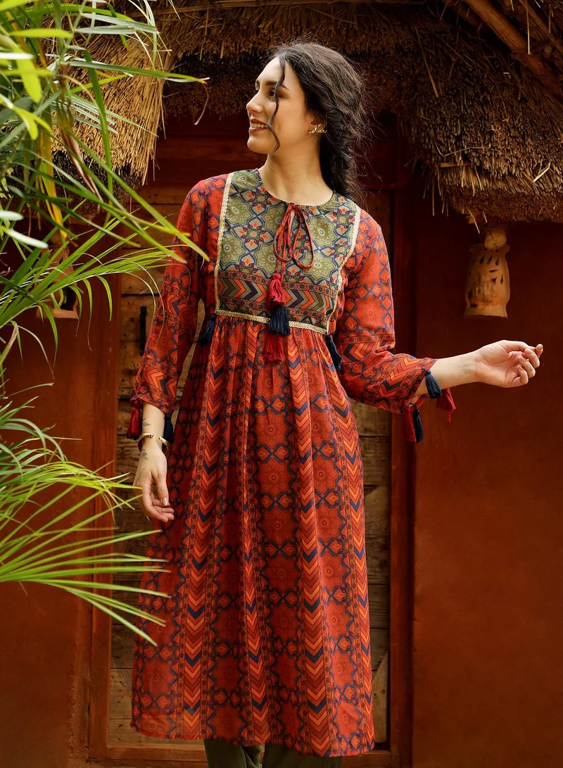 QISSA Qissa Women's Terracotta Orange Geometric Block Kurta With Trousers For Casual Wear | Round Neck | Quarter Sleeves | 2 Piece Kurta Set Designed With Comfort Fit For Everyday Ethnic Wear