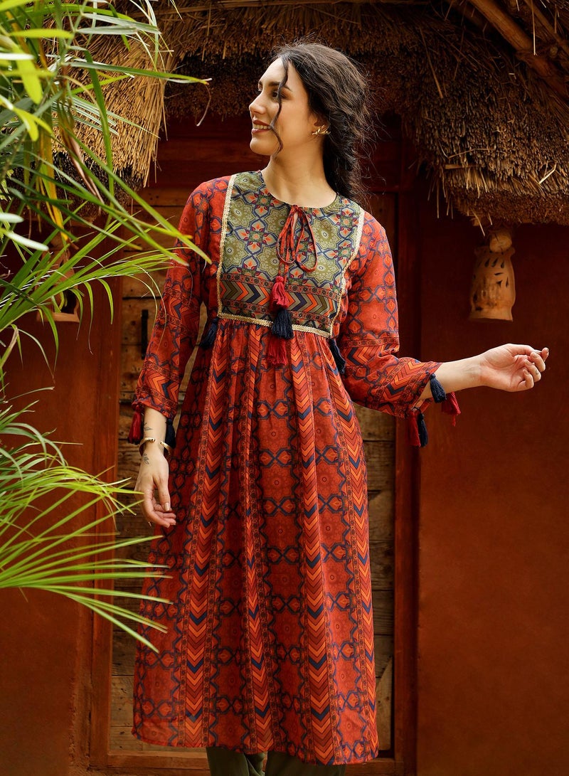 Qissa Women's Terracotta Orange Geometric Block Kurta With Trousers For Casual Wear | Round Neck | Quarter Sleeves | 2 Piece Kurta Set Designed With Comfort Fit For Everyday Ethnic Wear - Image 1