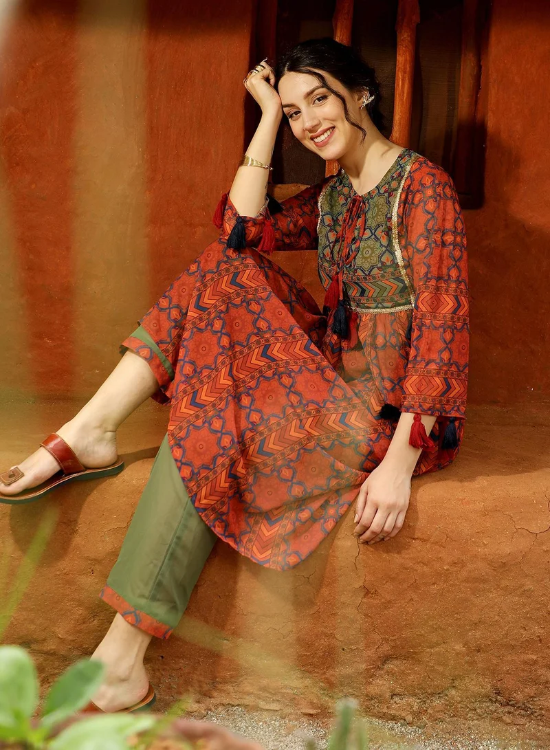 Qissa  Qissa Women's Terracotta Orange Geometric Block Kurta With Trousers For Casual Wear | Round Neck | Quarter Sleeves | 2 Piece Kurta Set Designed With Comfort Fit For Everyday Ethnic Wear for Women | Best Price UAE