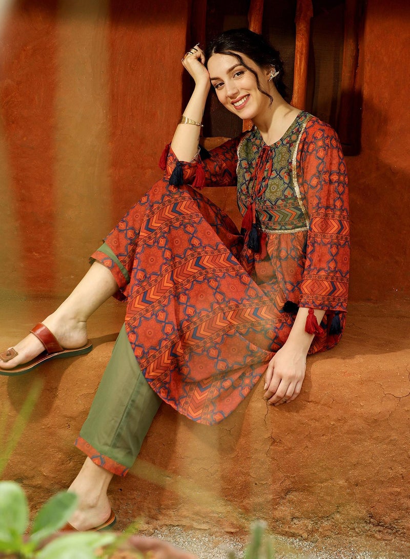 Qissa Women's Terracotta Orange Geometric Block Kurta With Trousers For Casual Wear | Round Neck | Quarter Sleeves | 2 Piece Kurta Set Designed With Comfort Fit For Everyday Ethnic Wear - Image 3