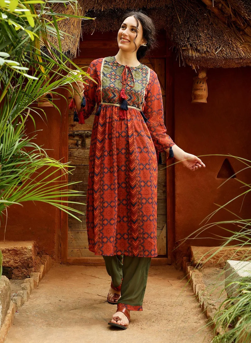 QISSA Qissa Women's Terracotta Orange Geometric Block Kurta With Trousers For Casual Wear | Round Neck | Quarter Sleeves | 2 Piece Kurta Set Designed With Comfort Fit For Everyday Ethnic Wear