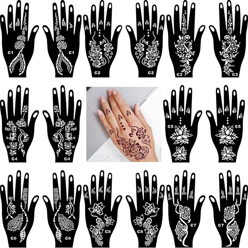 BULEFSEA 16 Sheets Henna Tattoo Stencils kit,Reusable Hand Stencils for Hand Glitter Airbrush DIY Tattooing Indian Temporary Tattoo Stickers, Gifts